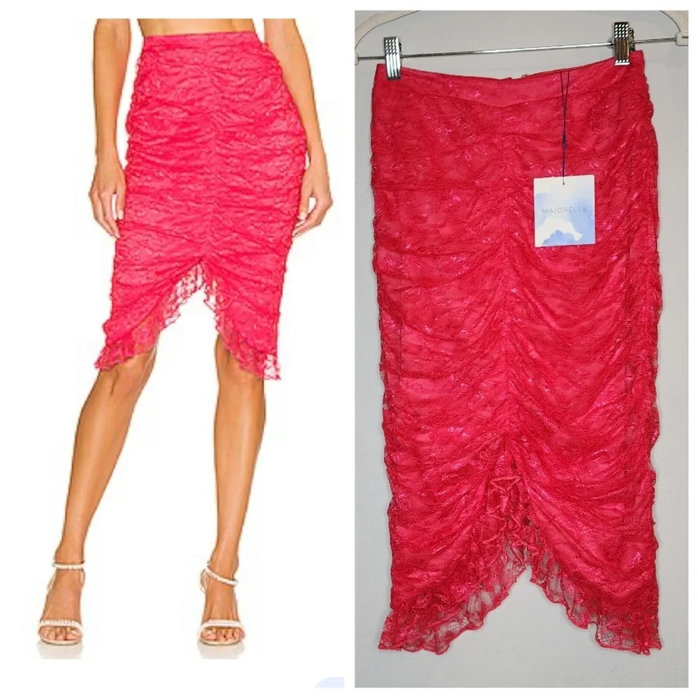 NWT Majorelle Yvette Skirt in Cabaret Pink. Size XS. Revolve. Lace Ruched.